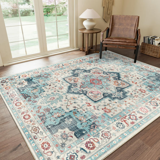KUETH 8x10 Area Rugs for Living Room Bedroom, Machine Washable Stain Resistant Non-Shed Carpet,, Low Pile Mat with Non Slip Backing