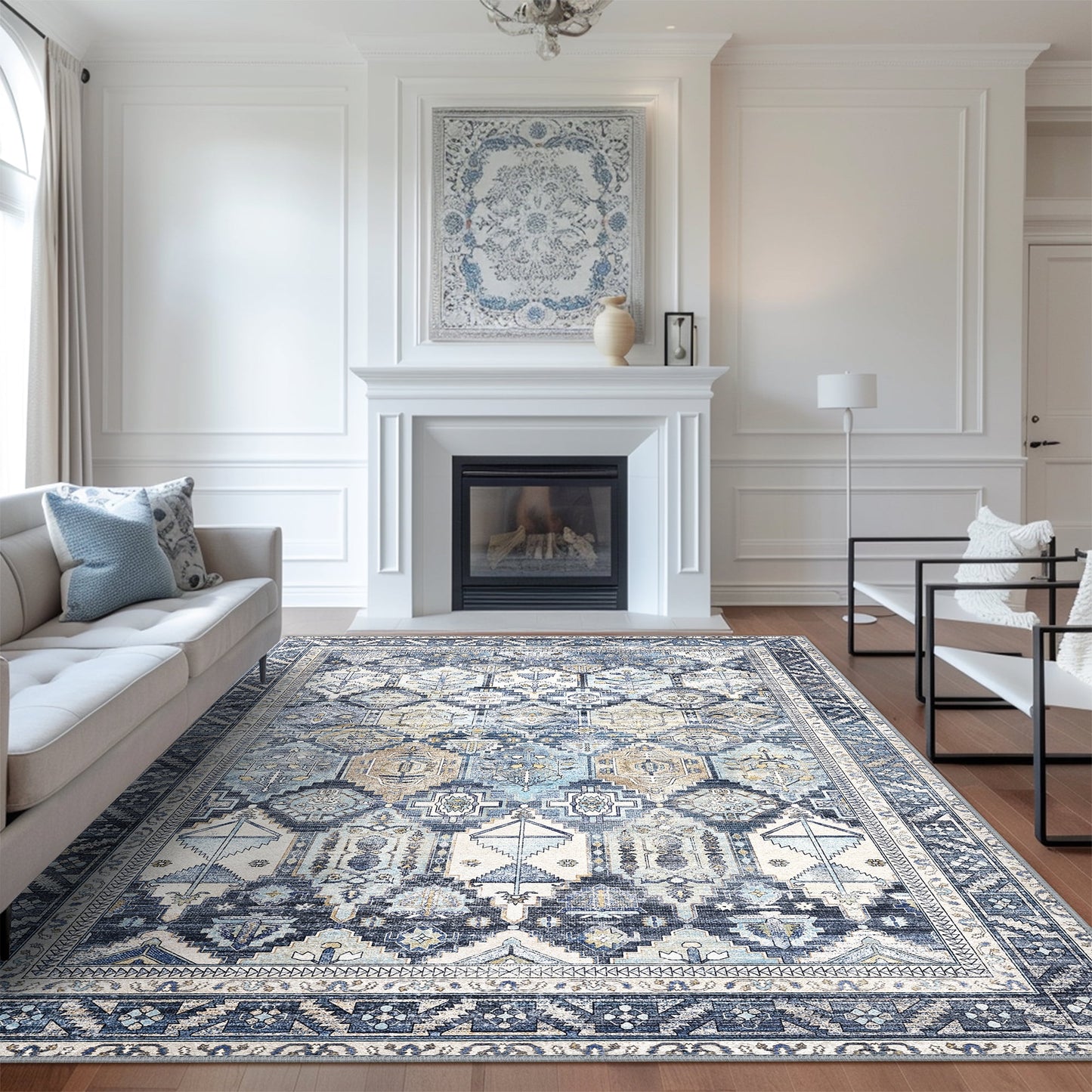 KUETH 9'x12' Area Rugs for Living Room, Ultra-thin Non Slip Machine Washable Vintage Indoor Rug, Low Pile Chenille Print Rug for Bedroom Dining Room Home Office