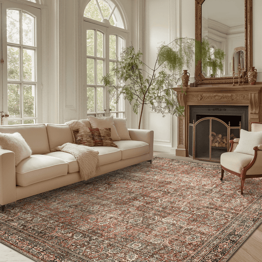 KUETH 9'x12' Area Rugs for Living Room, Non Slip Machine Washable Vintage Indoor Rug, Low Pile Chenille Print Rug for Bedroom Dining Room Home Office