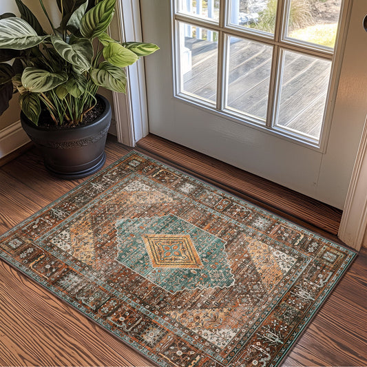 KUETH Area Rug - 2'x3' Machine Washable Runner Rugs, Non-Slip Vintage Mat for Living Room, Entryway Bedroom Kitchen and Corridor, Brick-red