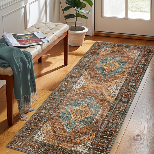 KUETH Area Rug - 2'x5' Machine Washable Runner Rugs, Non-Slip Vintage Mat for Living Room, Entryway Bedroom Kitchen and Corridor, Brick-red