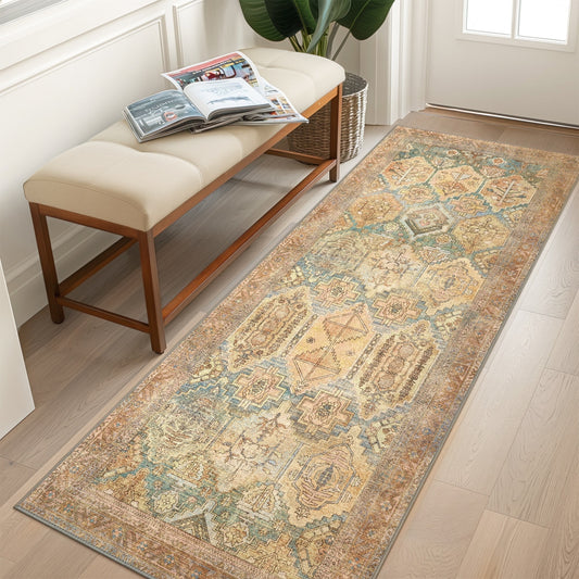 KUETH Area Rug 2'x5' Non Slip Hallway Runner Rug, Ultra-thin Machine Washable Vintage Low Pile Rugs for Living Room, Entryway, Bedroom, Kitchen and Corridor