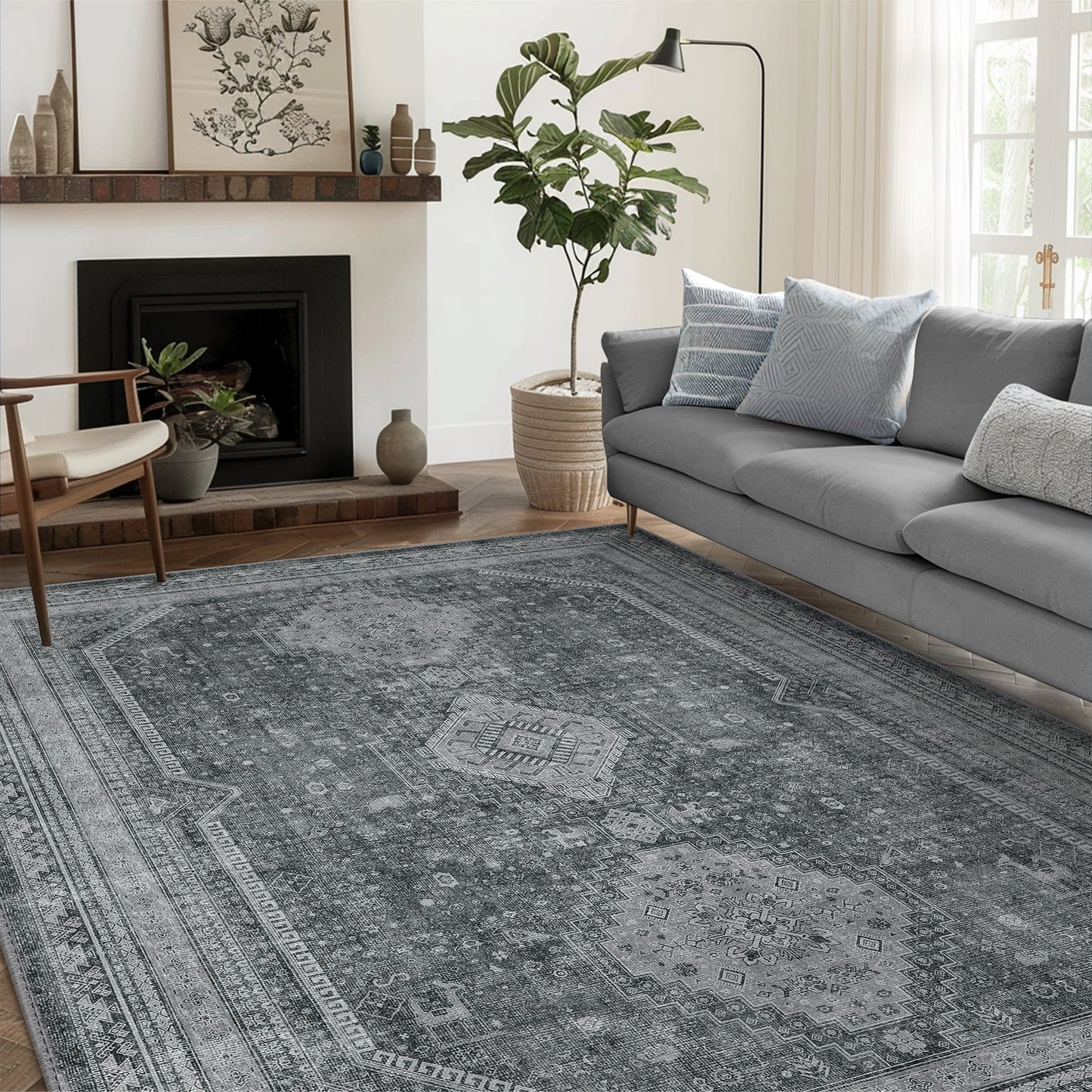 KUETH Area Rug 6'x9', Non Slip Machine Washable Indoor Large Rug, Low Pile Chenille Print Mat for Bedroom Dining Room Home Office Hall Large Area of Place, Gray