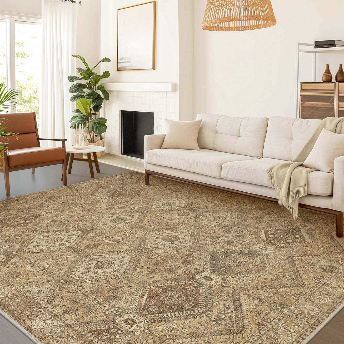 KUETH Area Rug 8x10 Machine Washable Large Brown Vintage Distressed Print Bedroom Living Room Accent Rug, Low Pile Lightweight Non Slip