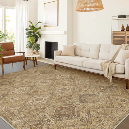 KUETH Area Rug 8x10 Machine Washable Large Brown Vintage Distressed Print Bedroom Living Room Accent Rug, Low Pile Lightweight Non Slip