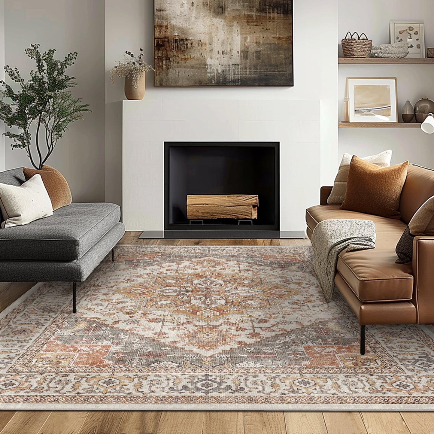 KUETH Area Rug 8x10 Machine Washable Vintage Distressed Print Amber Bedroom Living Room Accent Rug, Low Pile Lightweight Non Slip