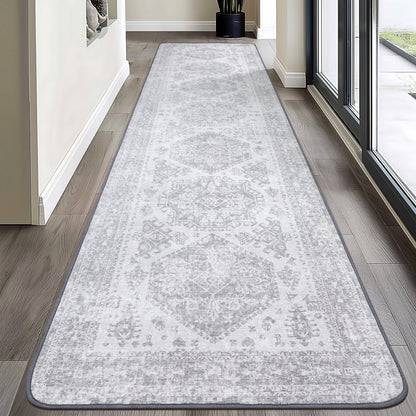 KUETH Area Rug Kitchen Runner Rugs 2x10 Machine Washable Bedroom Rugs Distressed Vintage Print Gray Large Throw Rug Dining Room Living Room Aesthetic, Non Slip Carpet with Gripper