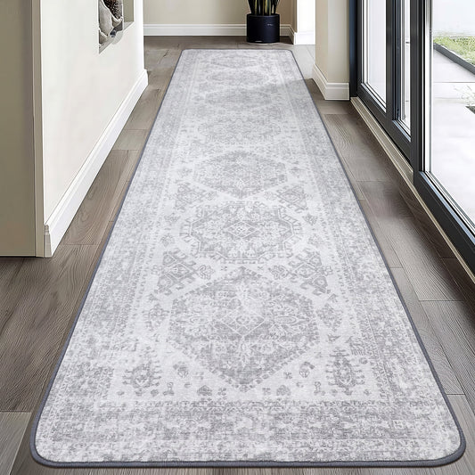 KUETH Area Rug Kitchen Runner Rugs 2x10 Machine Washable Bedroom Rugs Distressed Vintage Print Gray Large Throw Rug Dining Room Living Room Aesthetic, Non Slip Carpet with Gripper