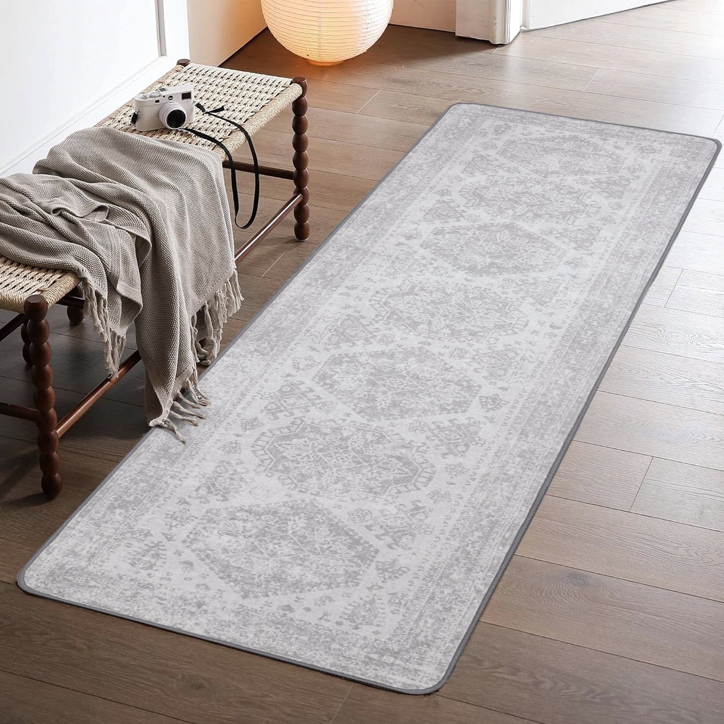 KUETH Area Rug Kitchen Runner Rugs 2x5 Machine Washable Bedroom Rugs Distressed Vintage Print Gray Large Throw Rug Dining Room Living Room Aesthetic, Non Slip Carpet with Gripper