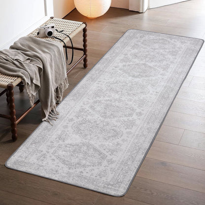 KUETH Area Rug Kitchen Runner Rugs 2x5 Machine Washable Bedroom Rugs Distressed Vintage Print Gray Large Throw Rug Dining Room Living Room Aesthetic, Non Slip Carpet with Gripper