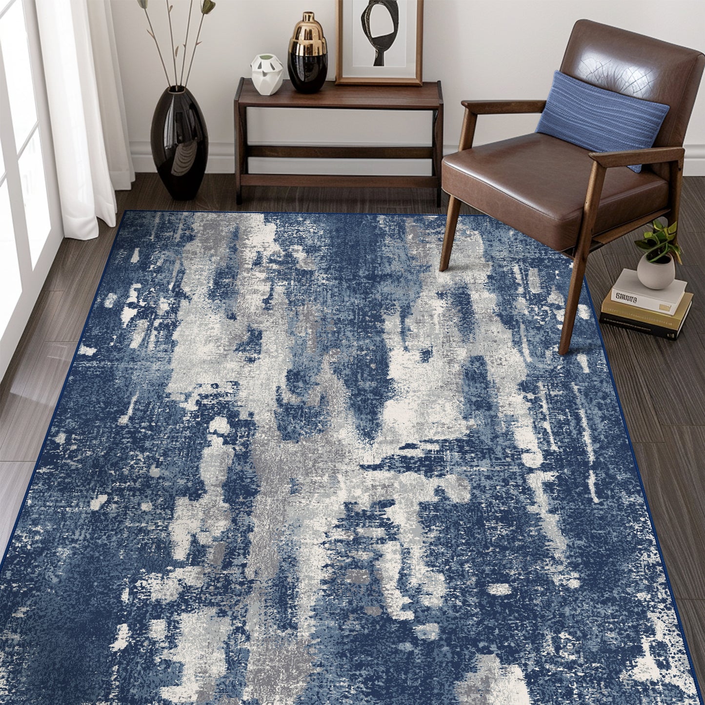 KUETH Area Rugs for Living Room 3x5 Large Modern Machine Washable Vintage Rugs Distressed Abstract Print Blue Throw Rug for Bedroom Aesthetic, Non Slip Carpet with Gripper