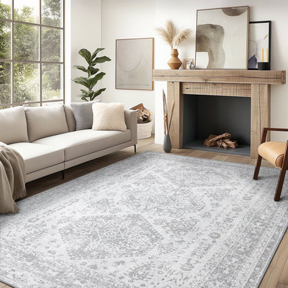 KUETH Area Rugs for Living Room 5x7 Machine Washable Bedroom Rugs Distressed Vintage Print Gray Large Throw Rug Dining Room Aesthetic, Non Slip Carpet with Gripper