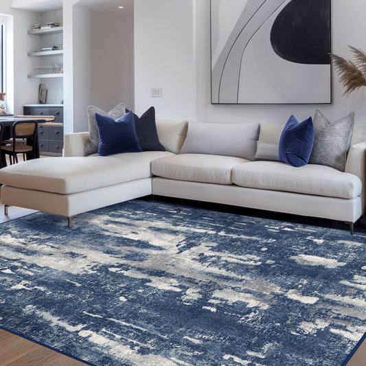 KUETH Area Rugs for Living Room 9x12 Large Modern Machine Washable Vintage Rugs Distressed Abstract Print Blue Throw Rug for Bedroom Aesthetic, Non Slip Carpet with Gripper