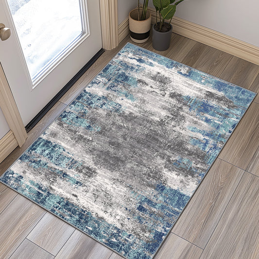 KUETH Doormat 2x3 Machine Washable Entryway Rugs Distressed Medallion Vintage Print Teal Throw Abstract Rug for Bedroom Living Room Aesthetic, Non Slip Carpet with Gripper