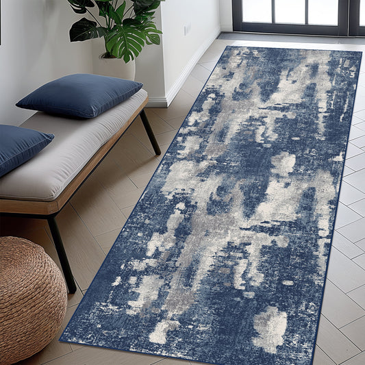KUETH Kitchen Runner Rug 2x6 Modern Machine Washable Vintage Rugs Distressed Abstract Print Blue Throw Rug for Bedroom Office Aesthetic, Non Slip Carpet with Gripper