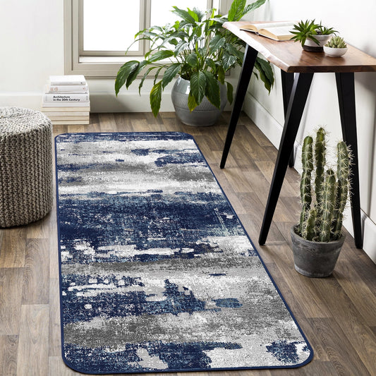 KUETH Kitchen Runner Rug 2x8 Modern Machine Washable Vintage Rugs Distressed Abstract Print Blue Throw Rug for Bedroom Office Aesthetic, Non Slip Carpet with Gripper