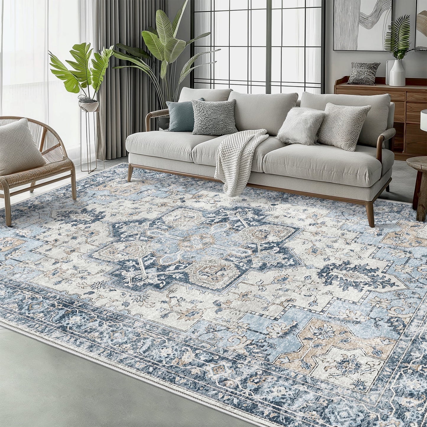 KUETH Modern 6X9 Area Rugs for Living Room, Non Slip Machine Washable Retro Rugs, Low Pile Chenille Print Rug for Bedroom, Dining Room, Home Office, Blue