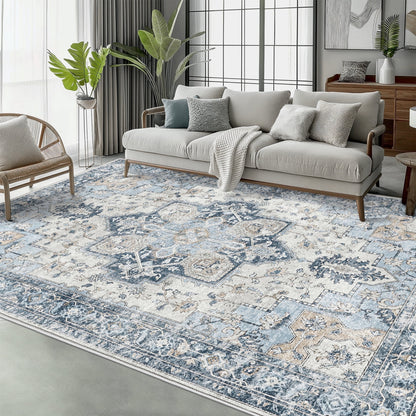 KUETH Modern 6X9 Area Rugs for Living Room, Non Slip Machine Washable Retro Rugs, Low Pile Chenille Print Rug for Bedroom, Dining Room, Home Office, Blue