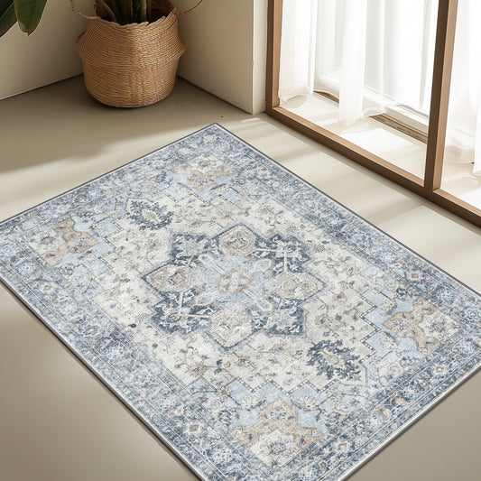 KUETH Modern Area Rug 2x3 Doormat, Low Pile Machine Washable Rugs, Small Retro Chenille Entryway Mat for Entrance, Hallway, Kitchen and Corridor, Blue