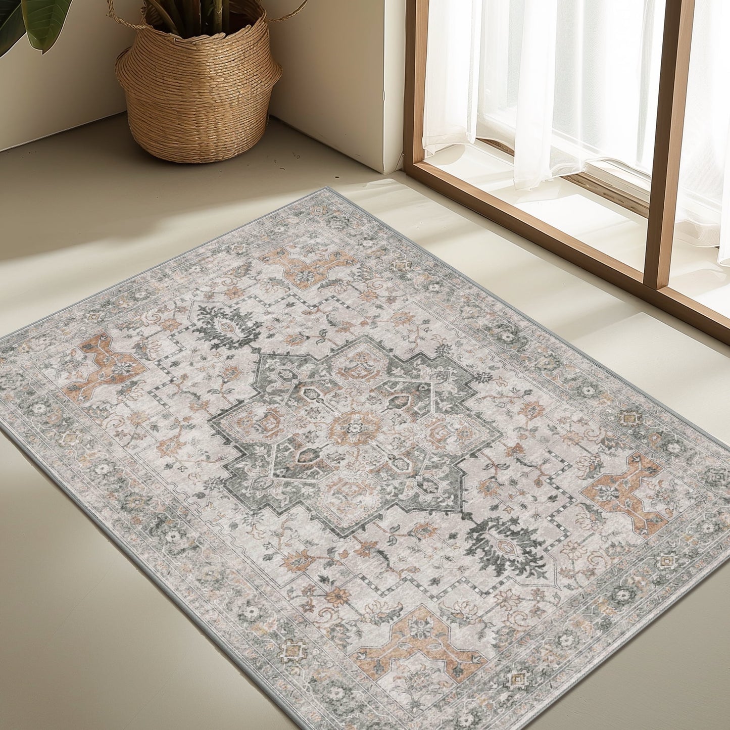 KUETH Modern Area Rug 2x3 Non Slip Hallway Runner Rug, Low Pile Machine Washable Rugs for Entryway, Hallway, Kitchen and Corridor, Light Taupe Brown