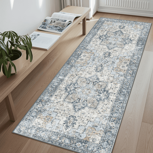 KUETH Modern Area Rug 2x5 Non Slip Hallway Runner Rug, Low Pile Machine Washable Rugs for Entryway, Hallway, Kitchen and Corridor, Blue