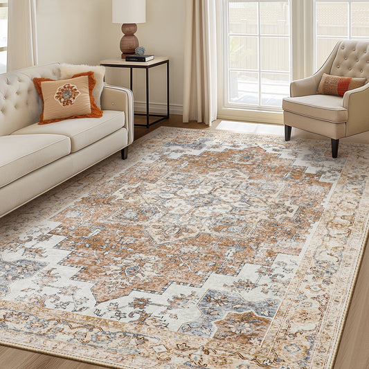 KUETH Modern Area Rug 5x7 Non Slip Hallway Runner Rug, Low Pile Machine Washable Rugs for Entryway, Hallway, Kitchen and Corridor, Orange