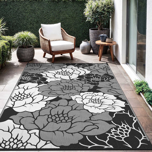KUETH 5'x 8' Outdoor Rug Plastic Waterproof Outside Foldable Mat UV Resistant Patio RV Deck Carpet,Black White