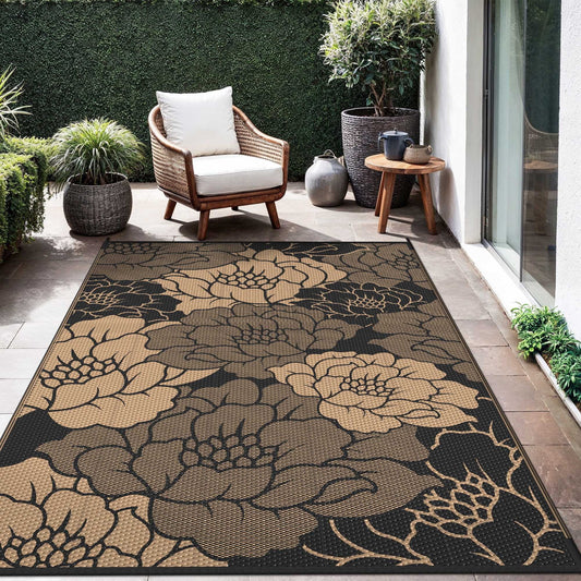 KUETH 5'x 8' Outdoor Rug Plastic Waterproof Outside Foldable Mat UV Resistant Patio RV Deck Carpet,Black Brown