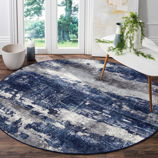 KUETH Round Rug 5Ft for Living Room Large Modern Machine Washable Vintage Rugs Distressed Abstract Print Blue Throw Rug for Bedroom Aesthetic, Non Slip Carpet with Gripper