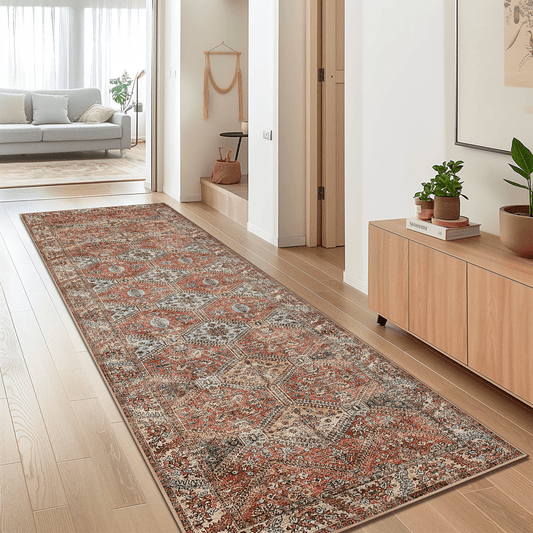 KUETH Runner Rug 2x7 Machine Washable Hallway Brick Red Ultra-Thin Chenille Vintage Distressed Print Bedroom Kitchen Entrance Accent Rug, Low Pile Lightweight Non Slip with Gripper