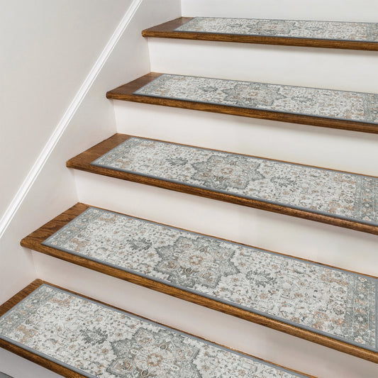 KUETH Stair Treads 7 Pcs 8"x30" Self-Adhesive Non-Slip Carpet for Wood Steps, Washable Rubber Backing Indoor Safety Mats for Kids & Pets