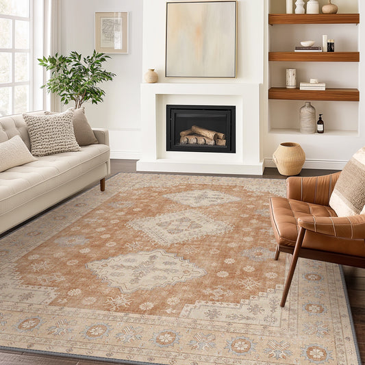 KUETH Vintage Tribal Distressed Brick Low Pile Area Rug, 3'x5', Machine Washable