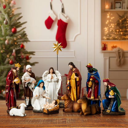 KUETH Nativity Sets for Christmas Indoor Resin Set Hand Painted Nativity Figures Christmas Nativity Scene Set Decorations Holy Family Decor of 13 Pieces 7.9 Inch