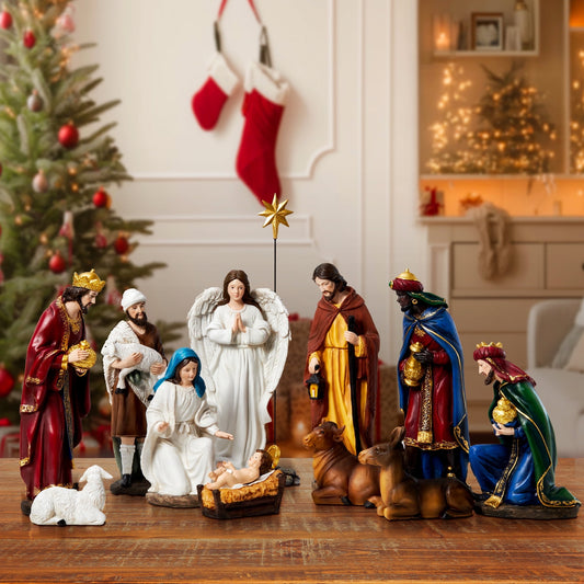 KUETH Nativity Sets Nativity Scene for Christmas Indoor Resin Set Hand Painted Nativity Figures Christmas Set Decorations Holy Family Decor of 13 Pieces 11.8Inch