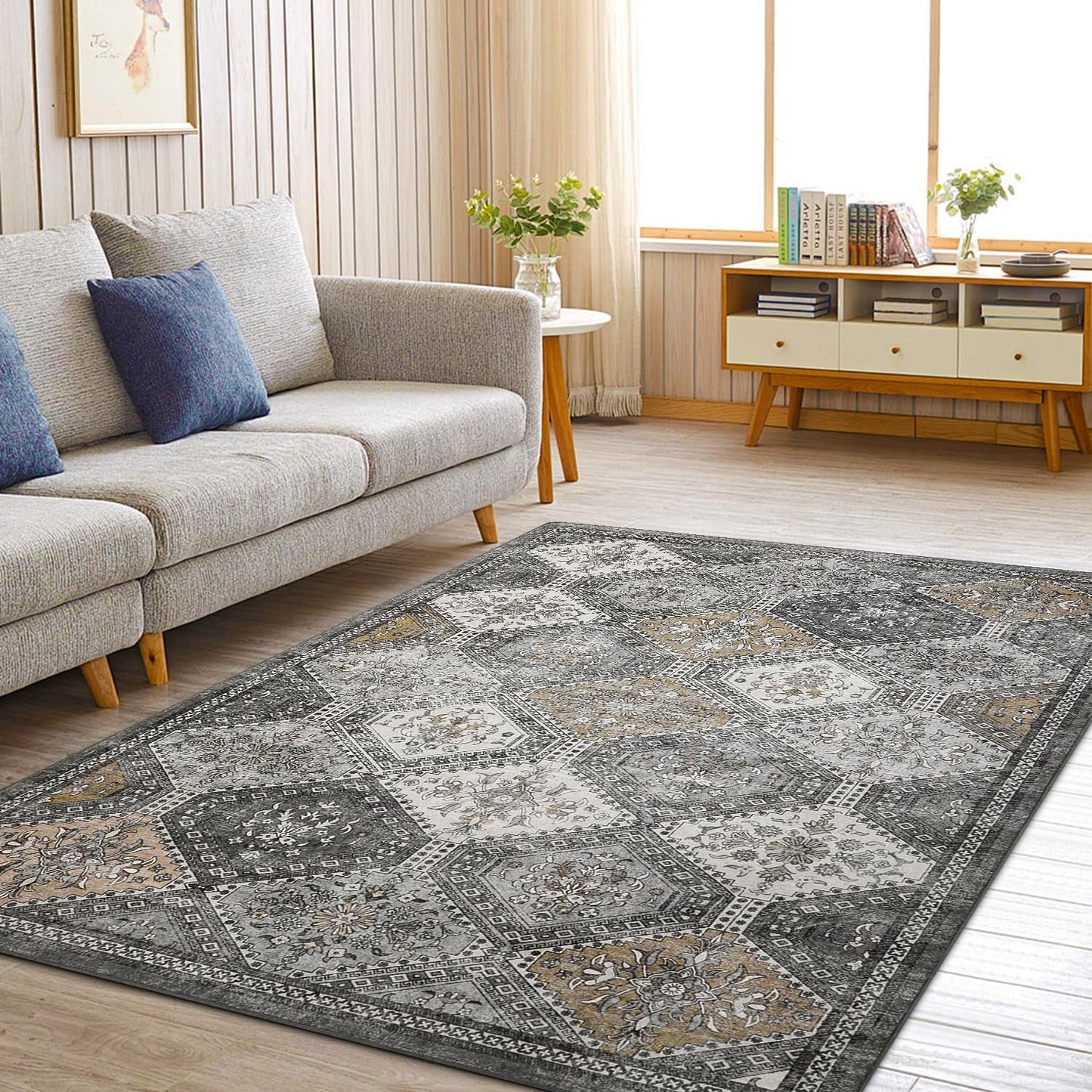 KUETH 5x7 Area Rugs for Living Room Bedroom, Machine Washable Stain Resistant Non-Shed Carpet, Low Pile Mat with Non Slip Backing