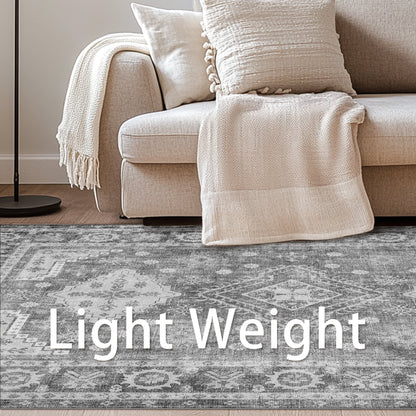KUETH 9x12 Area Rugs for Bedroom Living Room, Machine Washable Stain Resistant Floor Cover, Large Print Boho Vintage Tribal Aesthetic Carpet,Non Slip Rubber Backing, Distressed Gray