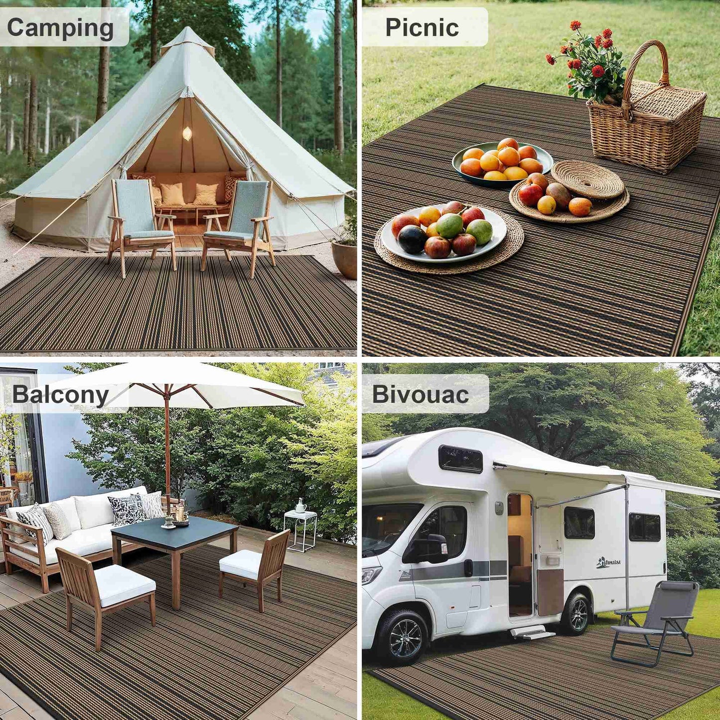 KUETH 6'x 9' Outdoor Waterproof Rug Camping Mat Patio Carpet,Black&Brown