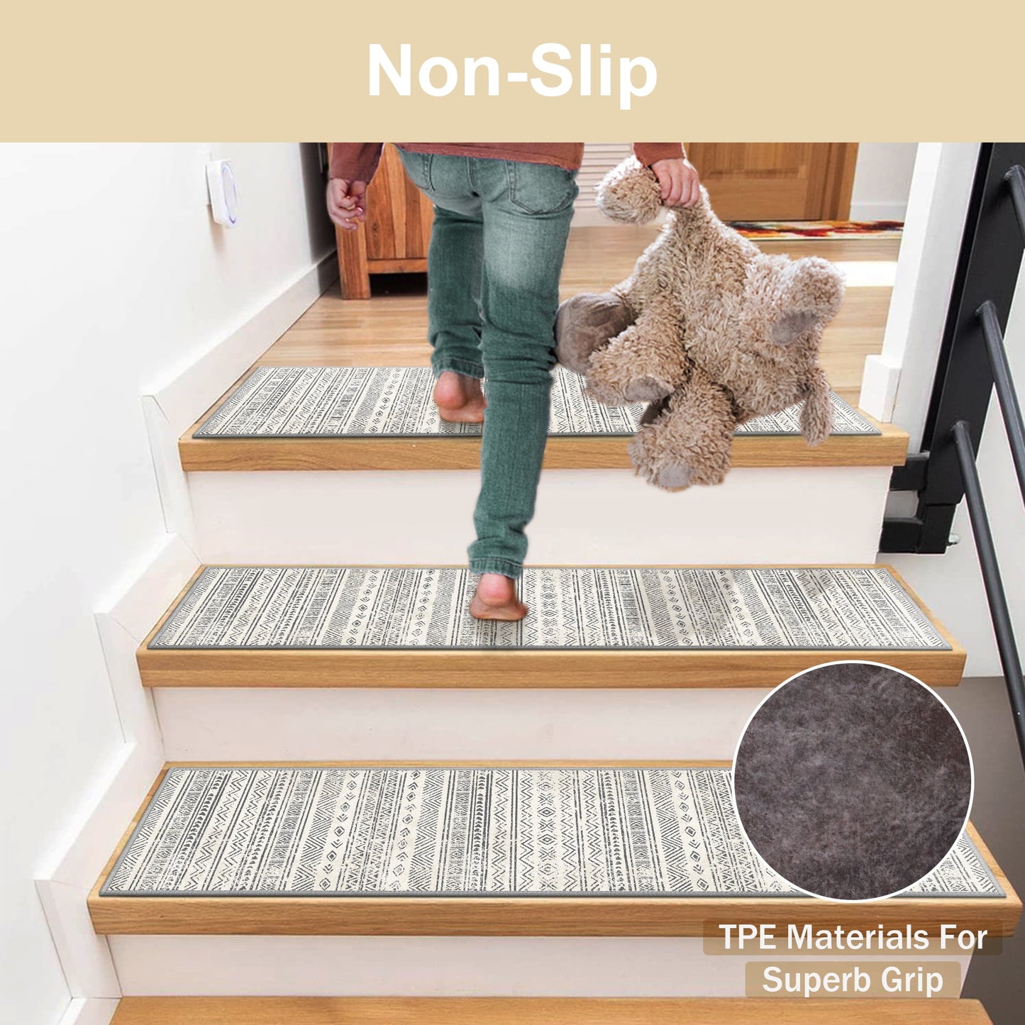 KUETH Stair Treads Non Slip 15 PCS, 8" X 30" Edging Stair Runner for Wooden Steps Indoor, Resistant Stair Rugs with Reusable Rubber Adhesive Backing, Residue Free Mat for Kids, Elders, Pets