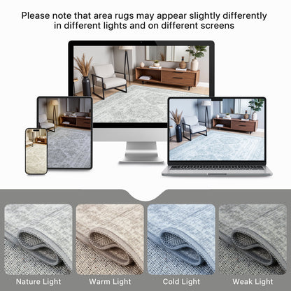 KUETH Area Rug Kitchen Runner Rugs 2x5 Machine Washable Bedroom Rugs Distressed Vintage Print Gray Large Throw Rug Dining Room Living Room Aesthetic, Non Slip Carpet with Gripper