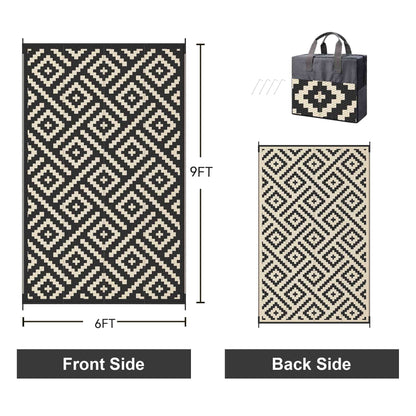 KUETH 6'x 9'Outdoor Waterproof Rug Camping Mat Patio Carpet,Black & Beige