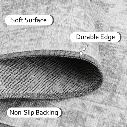 KUETH Area Rug Kitchen Runner Rugs 2x10 Machine Washable Bedroom Rugs Distressed Vintage Print Gray Large Throw Rug Dining Room Living Room Aesthetic, Non Slip Carpet with Gripper