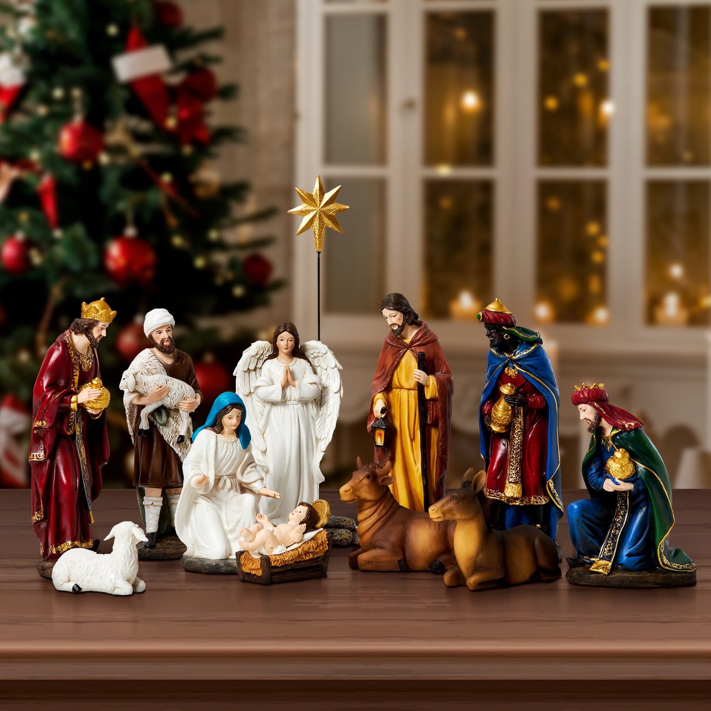 KUETH Nativity Sets for Christmas Indoor Resin Set Hand Painted Nativity Figures Christmas Nativity Scene Set Decorations Holy Family Decor of 13 Pieces 7.9 Inch