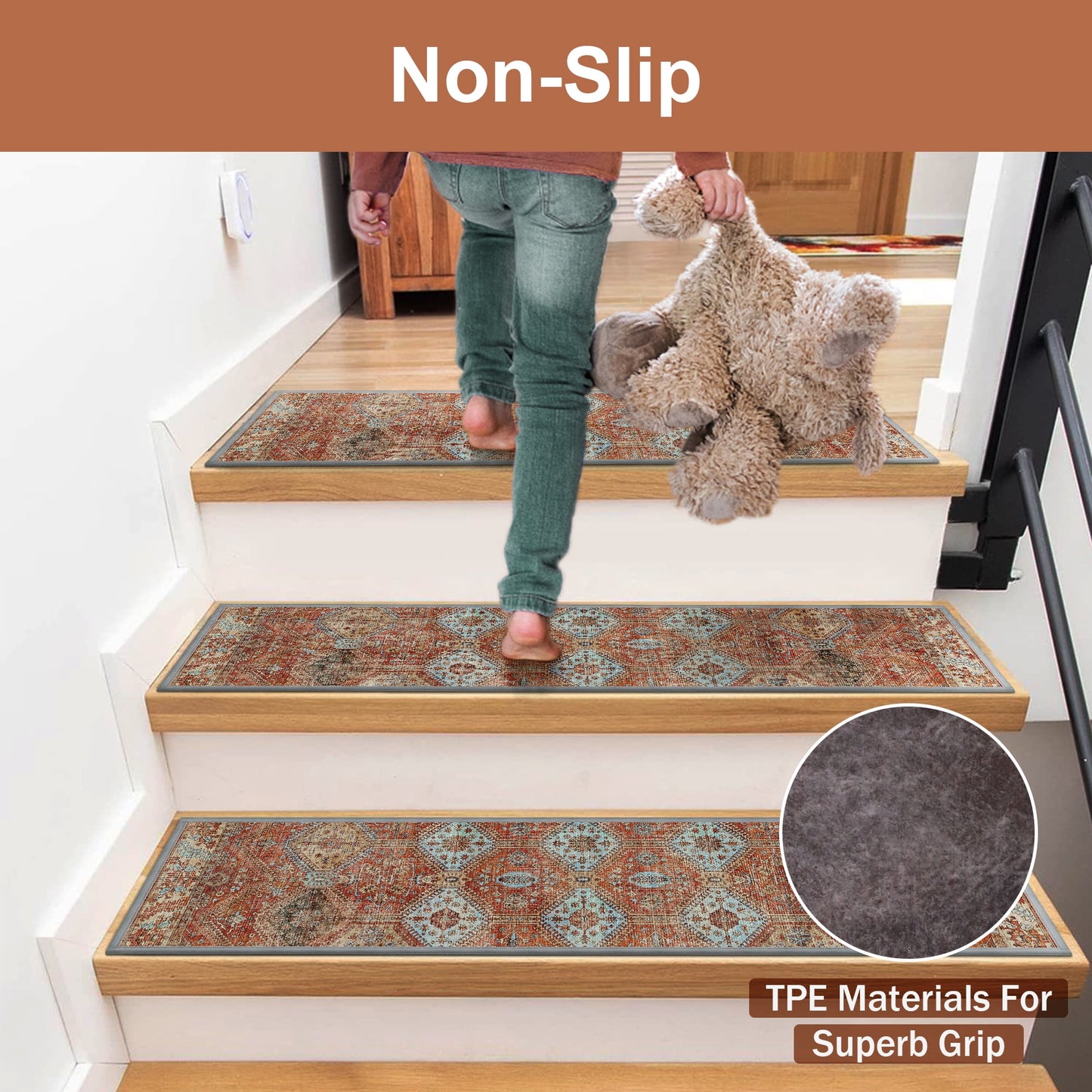KUETH Stair Treads 15 Pcs 8"x30" Self-Adhesive Non-Slip Carpet for Wood Steps, Washable Rubber Backing Indoor Safety Mats for Kids & Pets