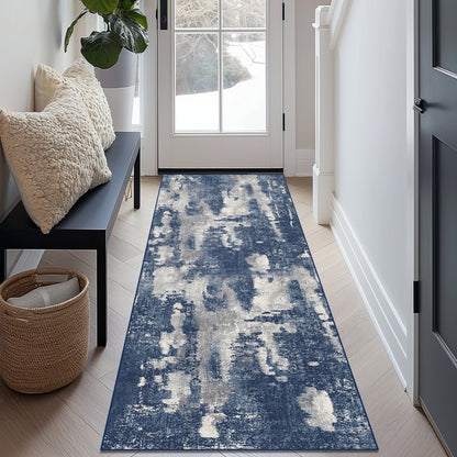 KUETH Kitchen Runner Rug 2x7 Modern Machine Washable Vintage Rugs Distressed Abstract Print Blue Throw Rug for Bedroom Office Aesthetic, Non Slip Carpet with Gripper
