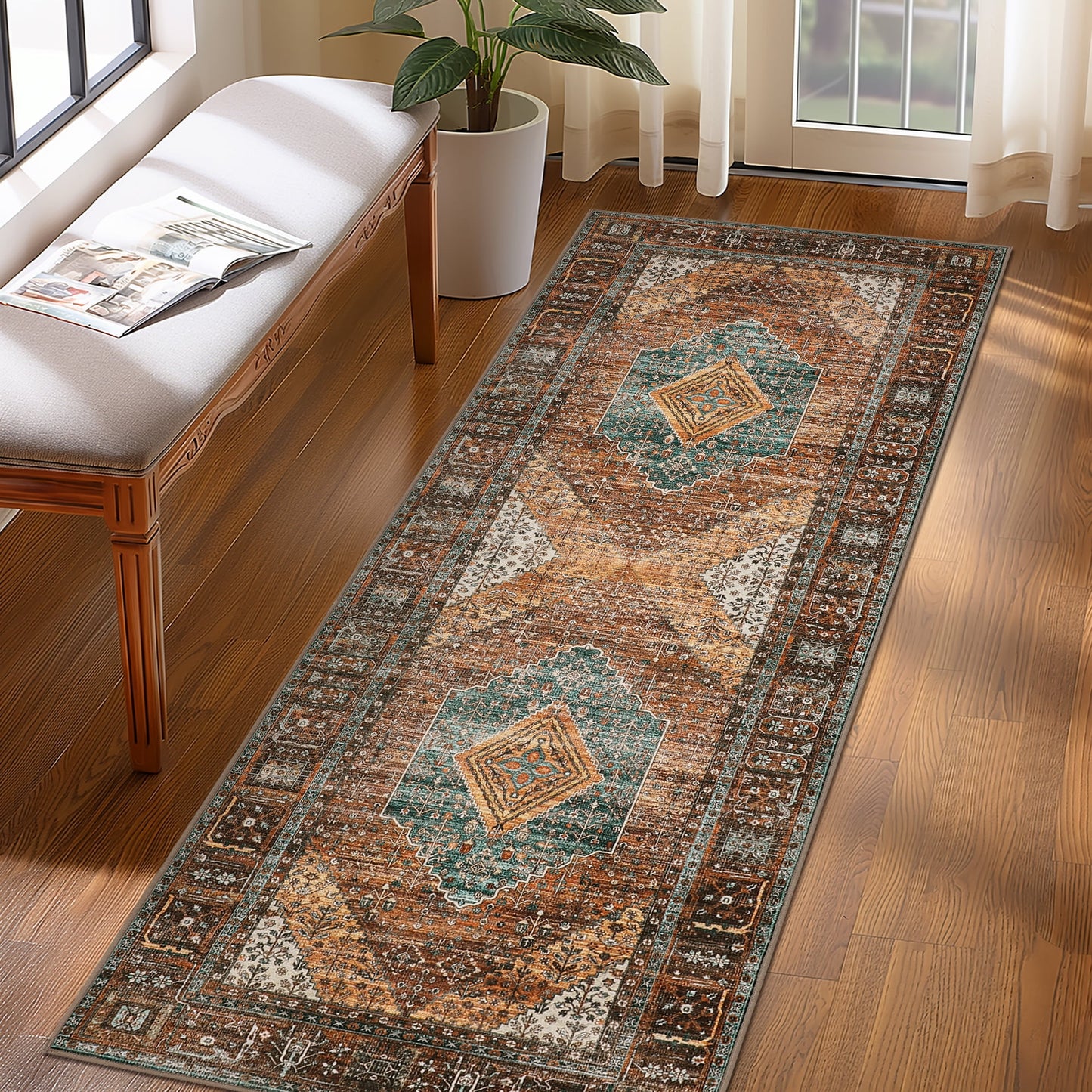 KUETH Area Rug - 2'x6' Machine Washable Runner Rugs, Non-Slip Vintage Mat for Living Room, Entryway Bedroom Kitchen and Corridor, Brick-red
