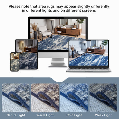 KUETH Kitchen Runner Rug 2x7 Modern Machine Washable Vintage Rugs Distressed Abstract Print Blue Throw Rug for Bedroom Office Aesthetic, Non Slip Carpet with Gripper