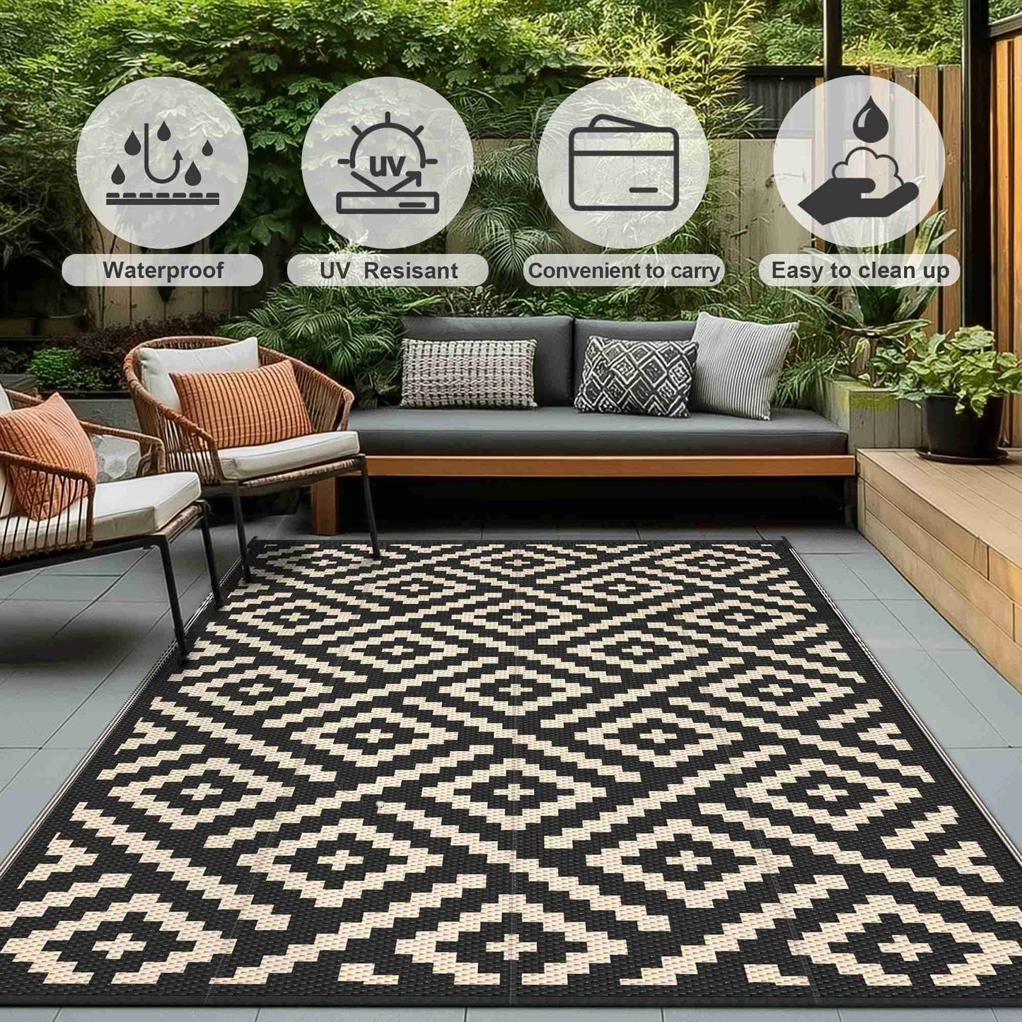 KUETH 6'x 9'Outdoor Waterproof Rug Camping Mat Patio Carpet,Black & Beige